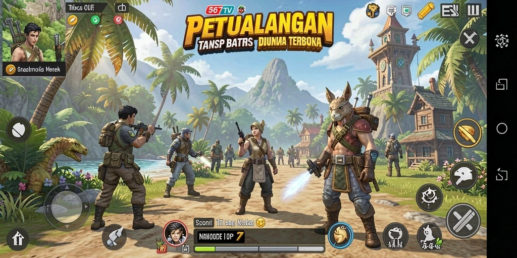 Screenshot gameplay 567TV menunjukkan petualangan di dunia terbuka yang luas.