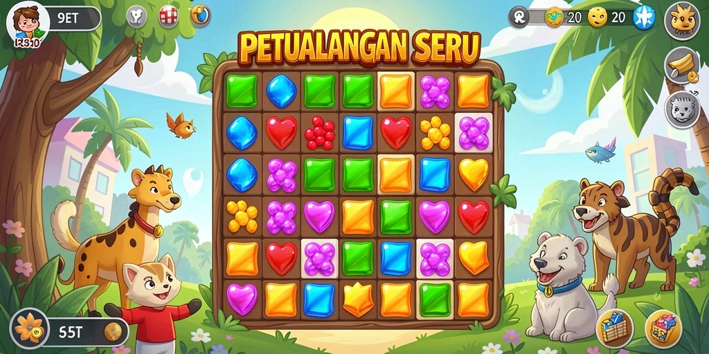Tampilan gameplay Match-3 yang penuh warna dan seru.