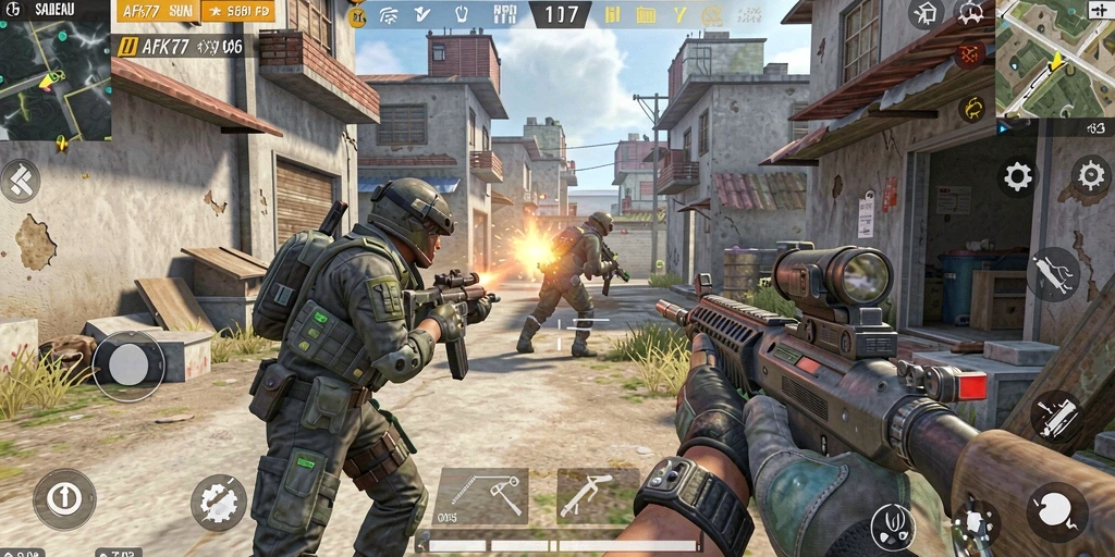 Tangkapan layar permainan AFK77 menampilkan aksi pertempuran FPS yang intens.