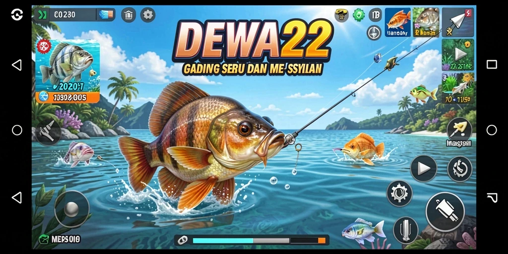 Screenshot DEWA22 menampilkan momen seru saat menangkap ikan besar.