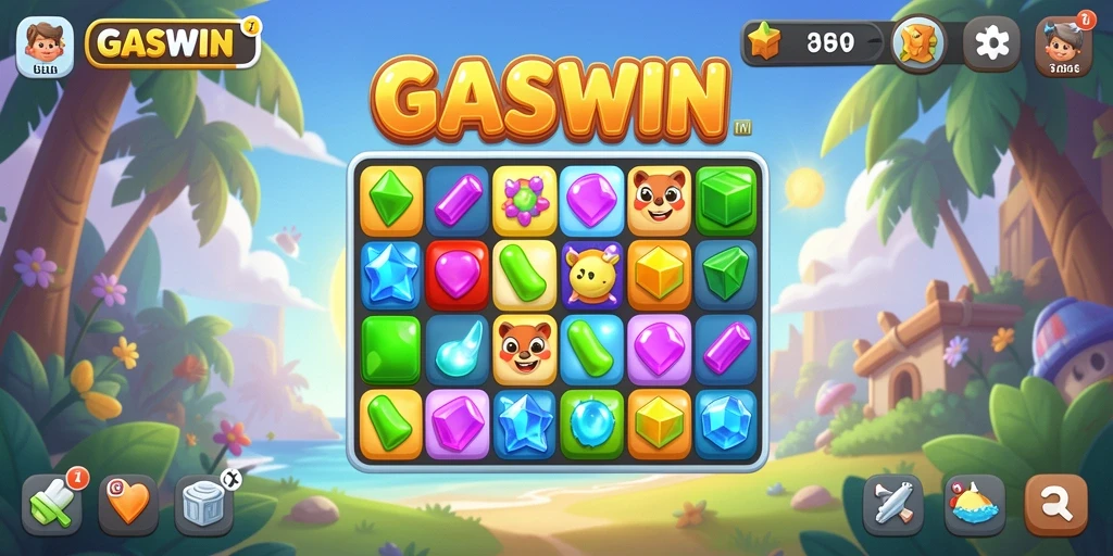 Tampilan gameplay <strong>GASWIN</strong> dengan elemen yang berwarna-warni dan efek menarik.