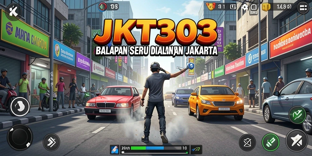 Tampilan gameplay seru JKT303 dengan mobil balap yang beraksi.