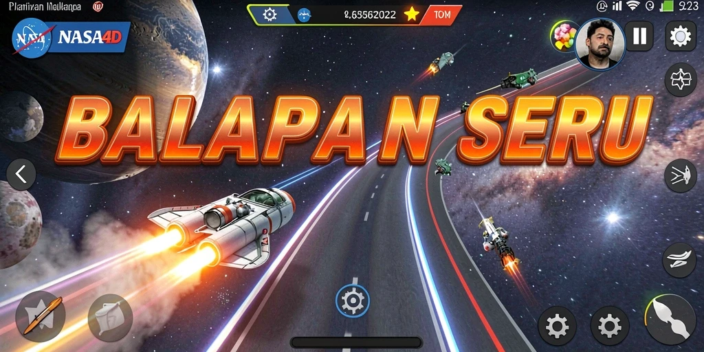 Tampilan gameplay NASA4D menampilkan lintasan futuristik di luar angkasa dengan kendaraan balap canggih.