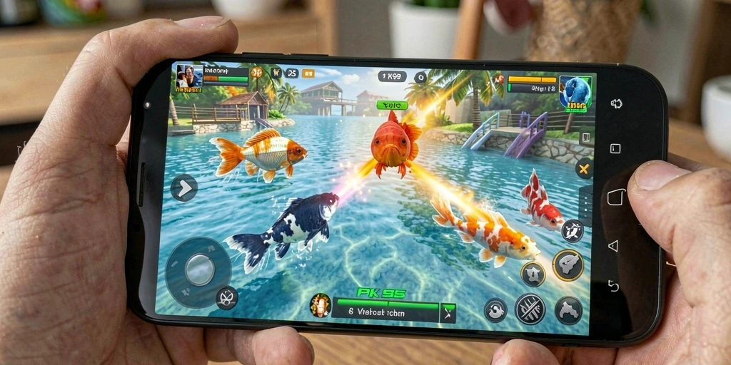 Tampilan gameplay seru PK95 dengan banyak ikan yang menunggu untuk ditangkap.