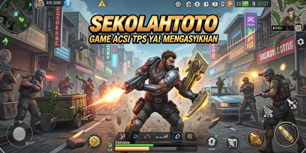 Screenshot gameplay <strong>SEKOLAHTOTO</strong> yang mendebarkan dengan aksi tembak-menembak.
