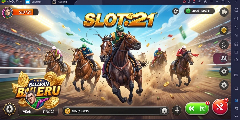 Screenshot SLOT21 menampilkan balapan yang mendebarkan dengan kendaraan berkecepatan tinggi.